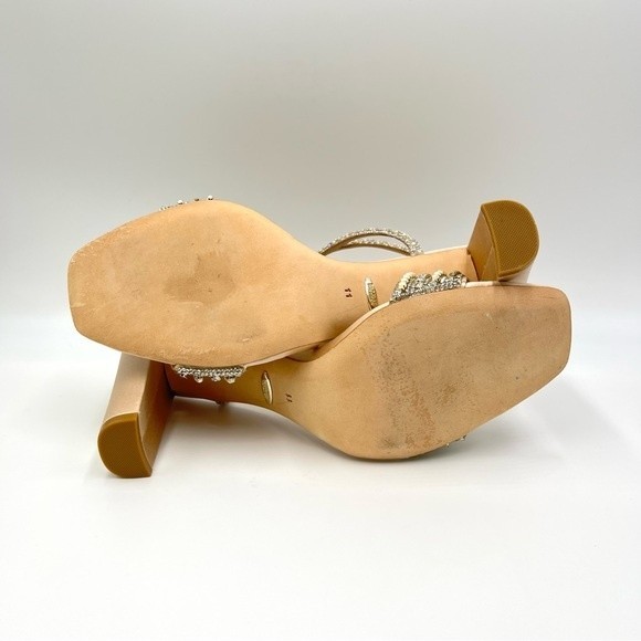 Badgley Mischka Size 11 Kari Soft Nude Satin Jeweled Block Open Toe Heels Shoes - Picture 10 of 12